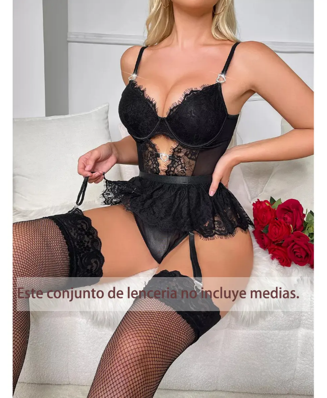 Babydoll Negro de Encaje con Liguero y Falda, imagen 4