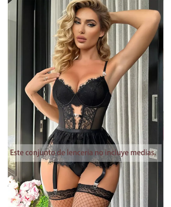 Babydoll Negro de Encaje con Liguero y Falda, imagen 5
