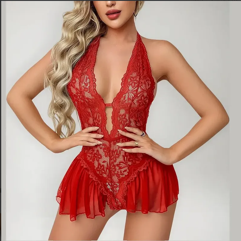 Babydoll Rojo de Encaje con Cuello Halter y Falda Abierta, imagen 1