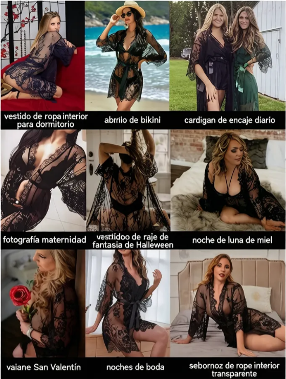 Bata Kimono Negra de Encaje Transparente con Cinturón, imagen 4