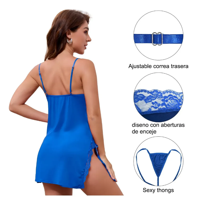 Camisón Corto Azul con Encaje y Tanga, imagen 4
