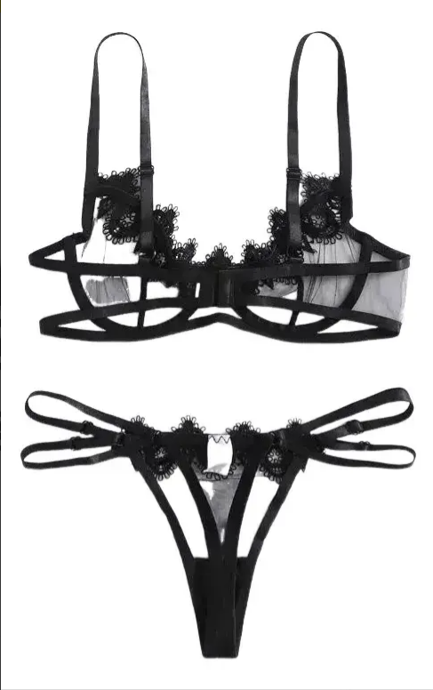 Conjunto Negro de Malla Transparente con Bordado Floral, imagen 6