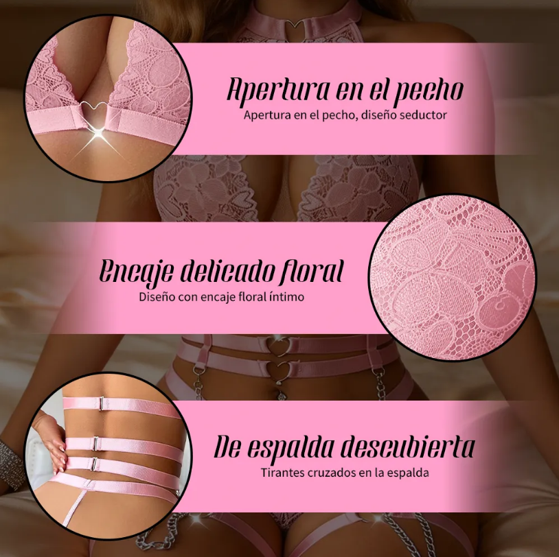 Conjunto Rosa de Encaje con Corazones, Arnés y Cadenas, imagen 3