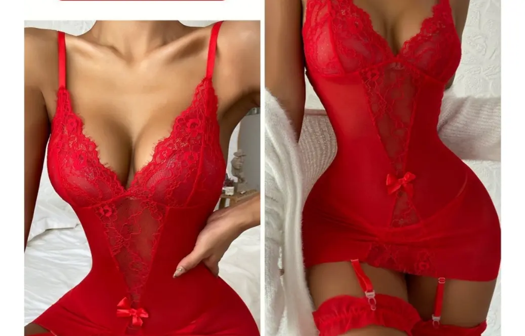 Mini Babydoll Rojo de Encaje con Ligueros, imagen 3