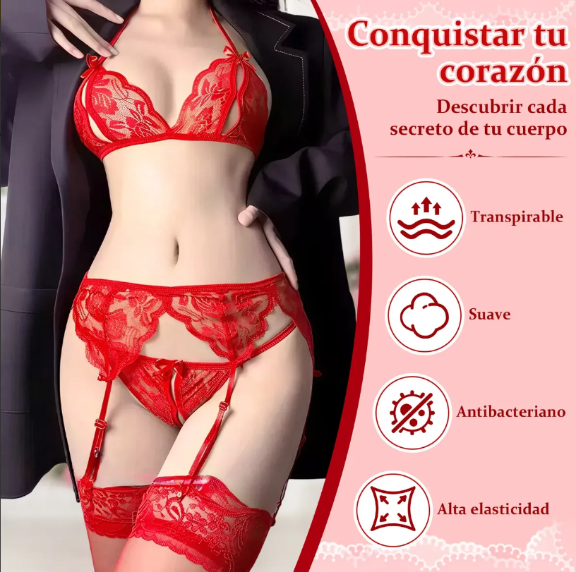 Set de Lencería de Encaje con Liguero, Medias y Antifaz, imagen 2