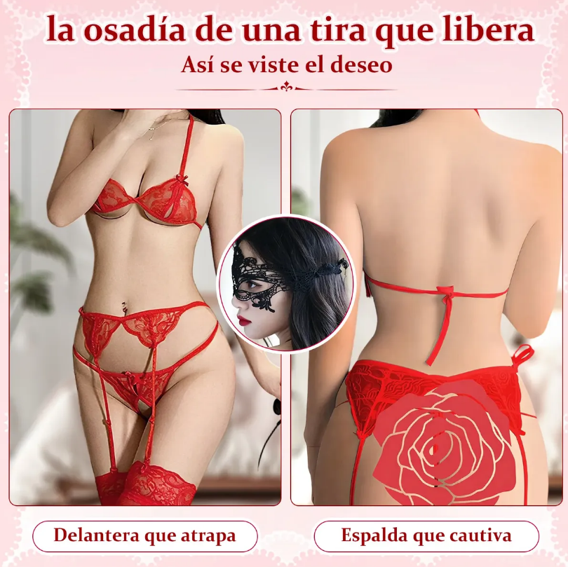 Set de Lencería de Encaje con Liguero, Medias y Antifaz, imagen 3